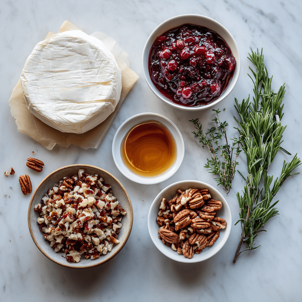 Ingredients for Cranberry Pecan Baked Brie laid out on marble surface