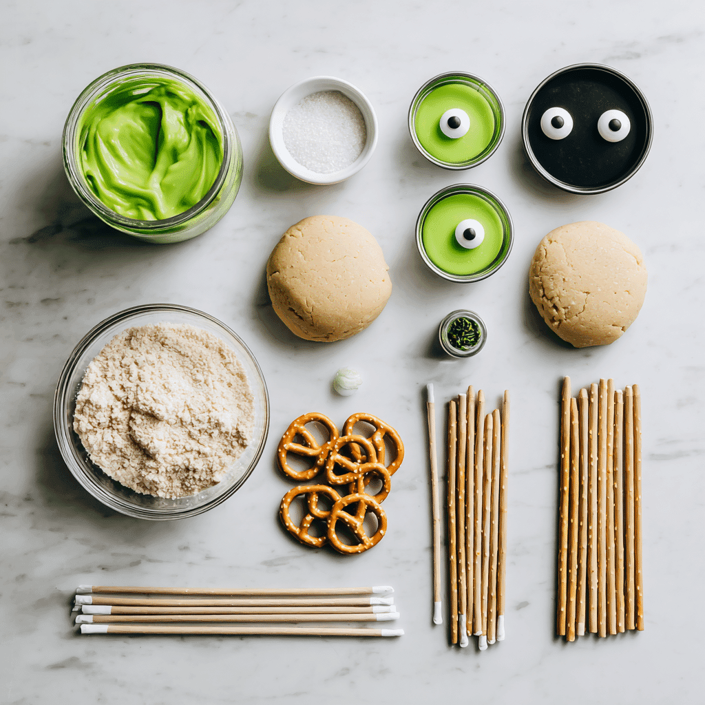Ingredients for Frankenstein Cookie Pops laid out on countertop