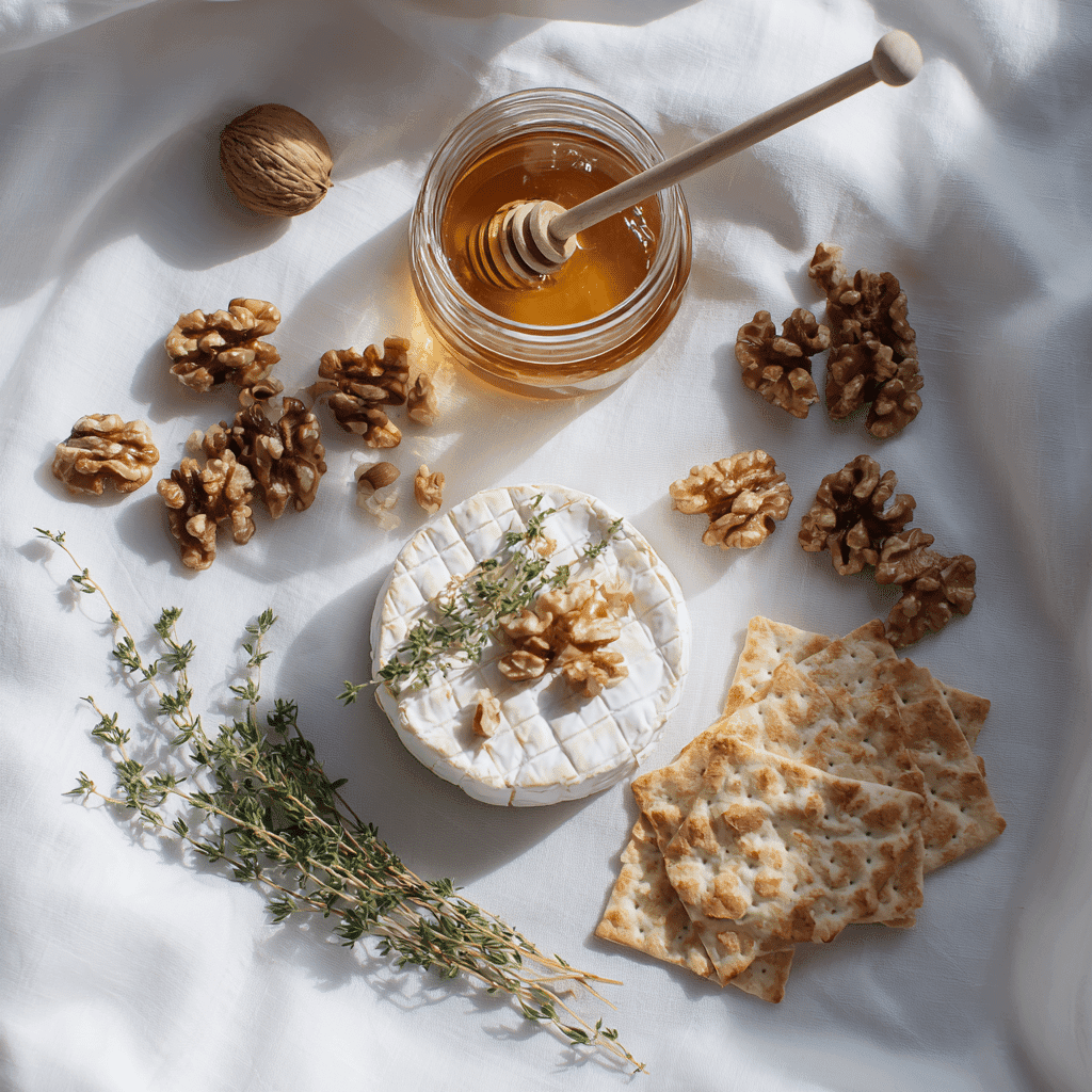 Ingredients for Honey Walnut Baked Brie with Thyme laid out neatly