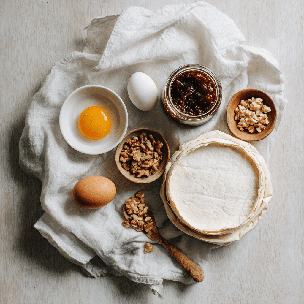 Ingredients for Baked Brie en Croûte with Fig Jam Center on light wood