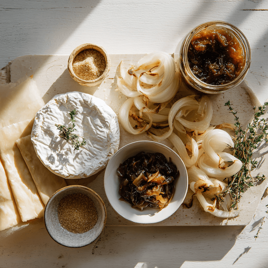 Ingredients for Warm Baked Brie with Caramelized Onions and Fig Spread