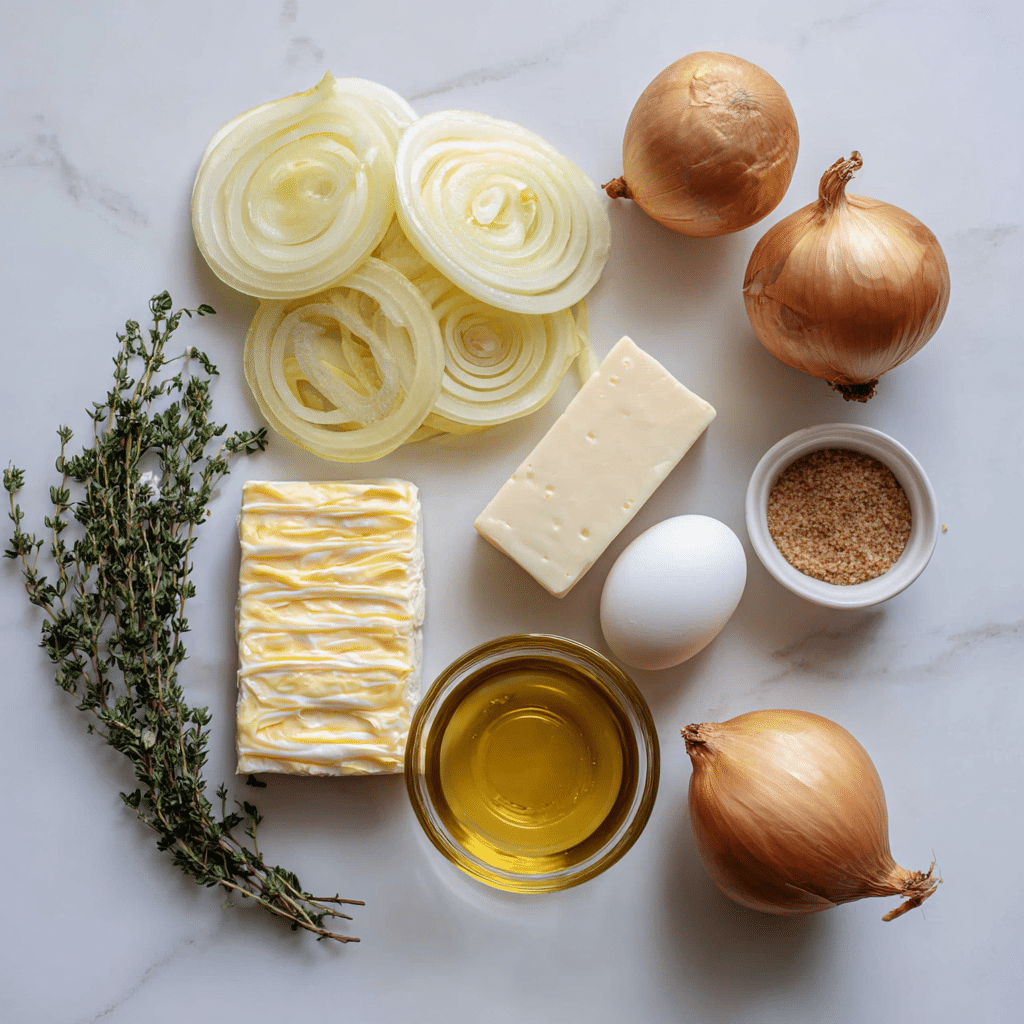 Ingredients for caramelized onion and Brie puff pastry tarts