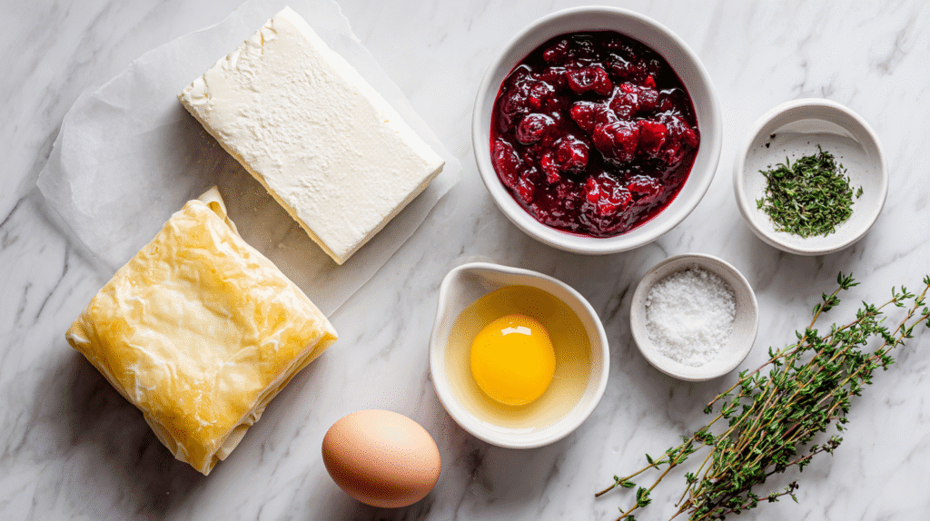 Ingredients for cranberry brie puff pastry bites laid out on marble