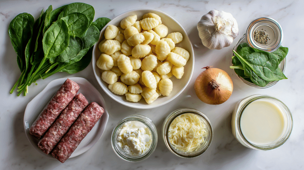 Ingredients for creamy Italian sausage gnocchi soup