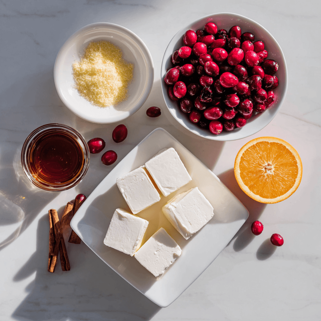 Ingredients for Whipped Cranberry Cream Cheese Dip on white kitchen counter