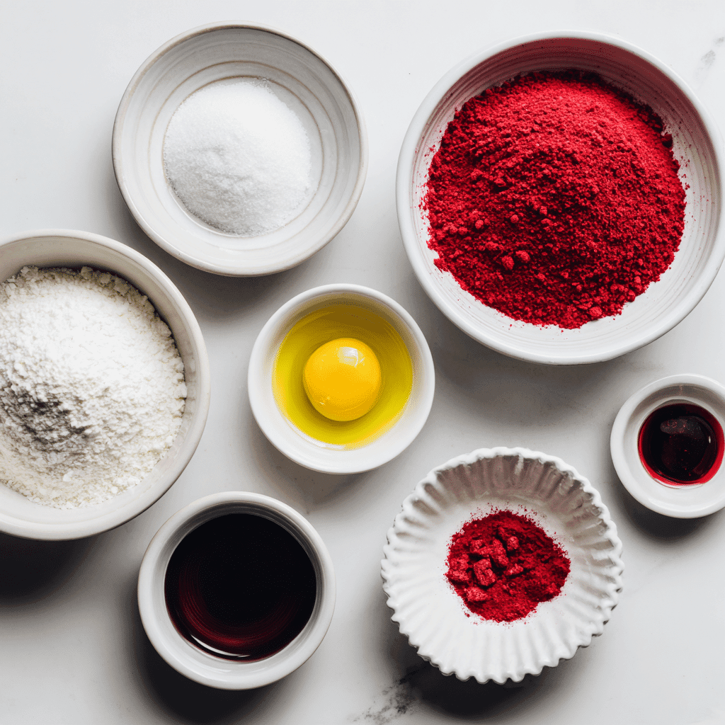 Ingredients for Bloody Red Velvet Halloween Cupcakes arranged on a white surface