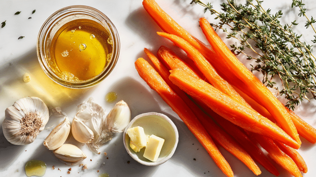 Ingredients for Garlic Butter and Honey Roasted Carrots