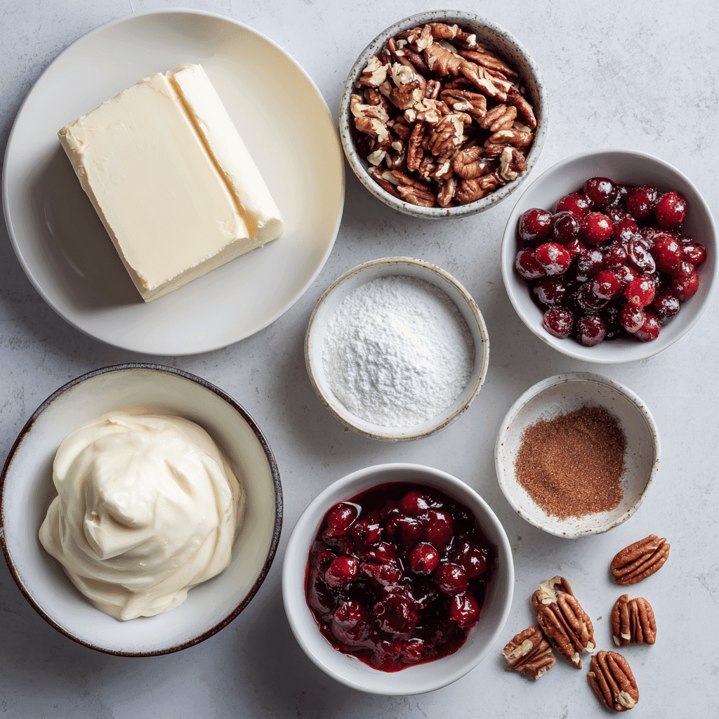 Ingredients for Hot Cranberry Cream Cheese Bake with Pecans laid out