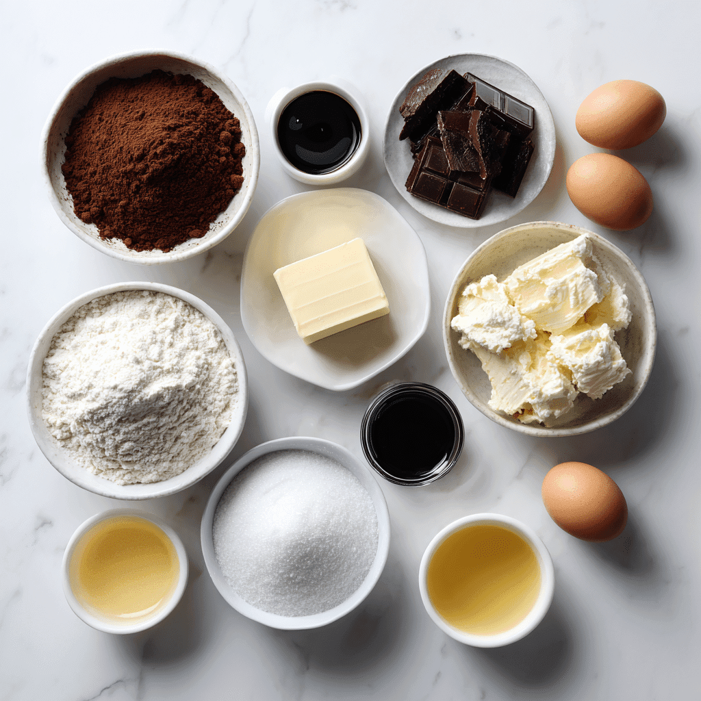 Ingredients for Black Velvet Halloween Cupcakes neatly arranged