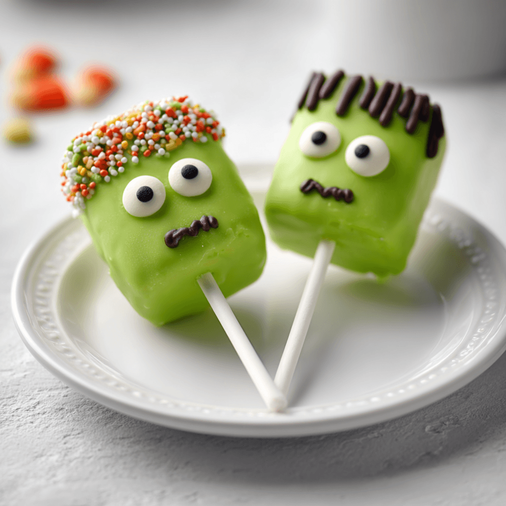 Frankenstein Cookie Pops served on a plate