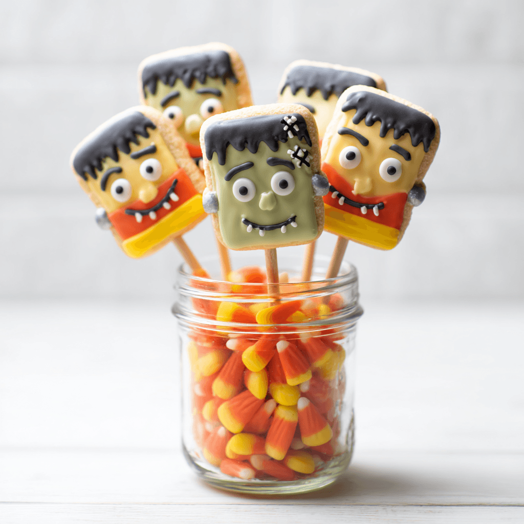 Frankenstein Cookie Pops in jar with candy corn