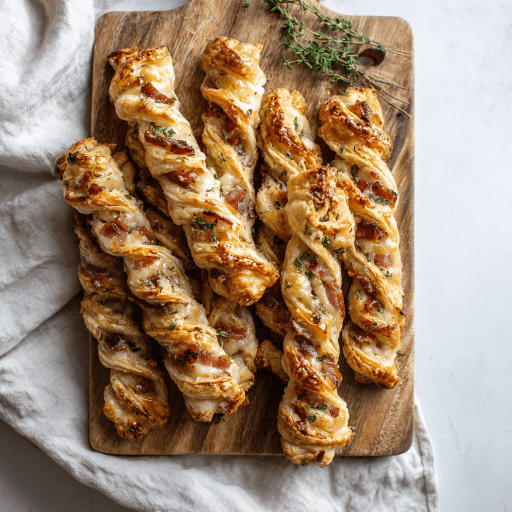 Brie & Prosciutto Puff Pastry Twists on rustic board