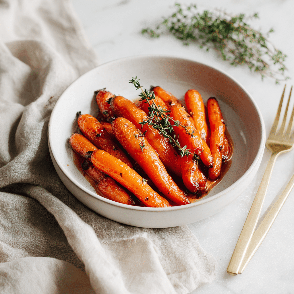 Served honey glazed baby carrots with fresh thyme in a white bowl