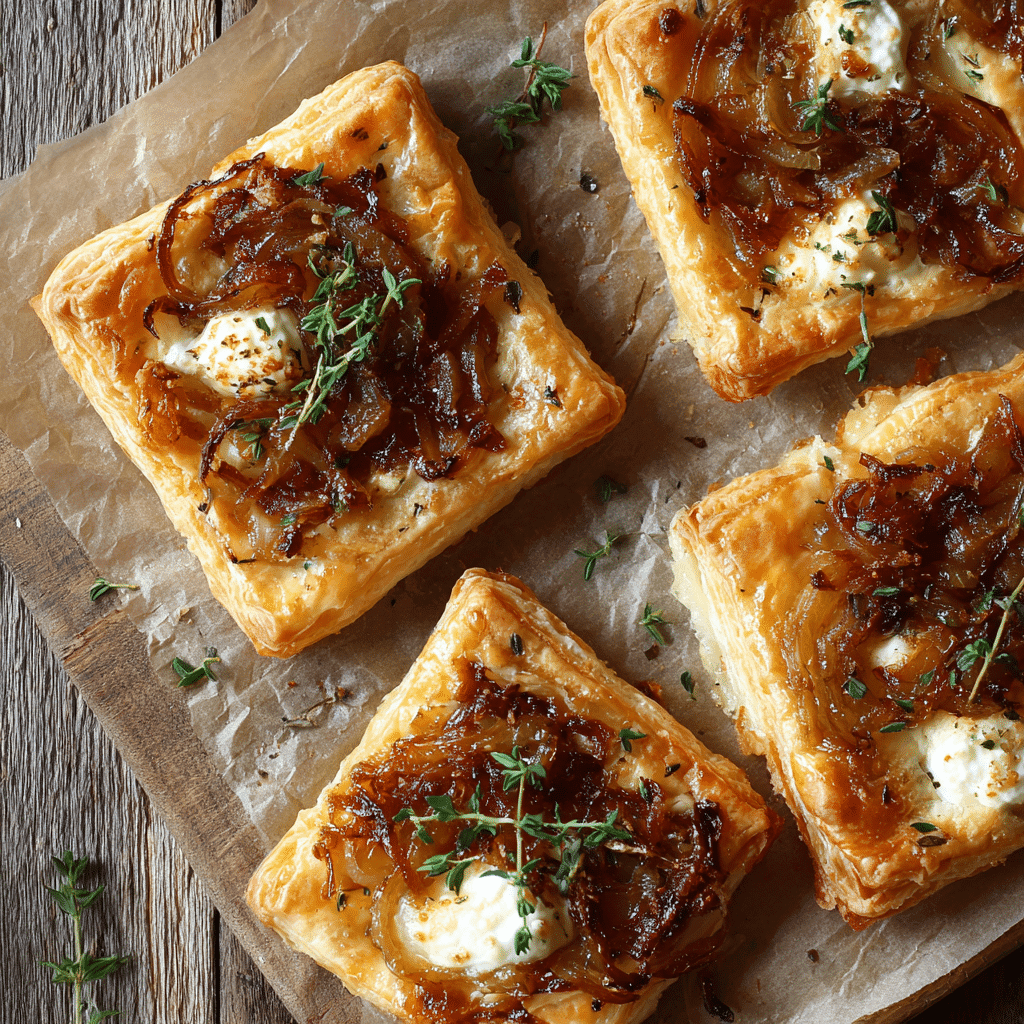 Caramelized Onion and Brie Puff Pastry Tarts on parchment paper