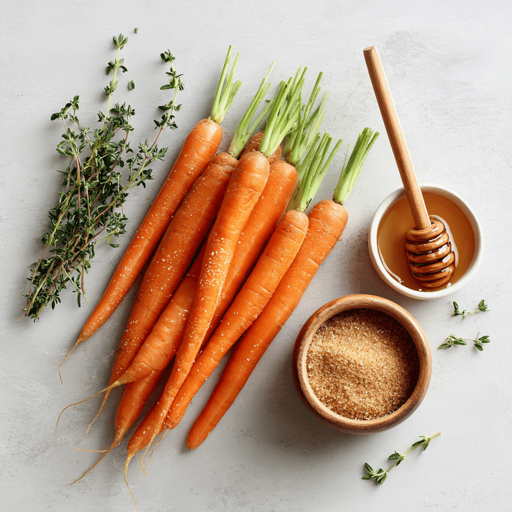 Raw baby carrots with brown sugar, honey, and thyme ingredients