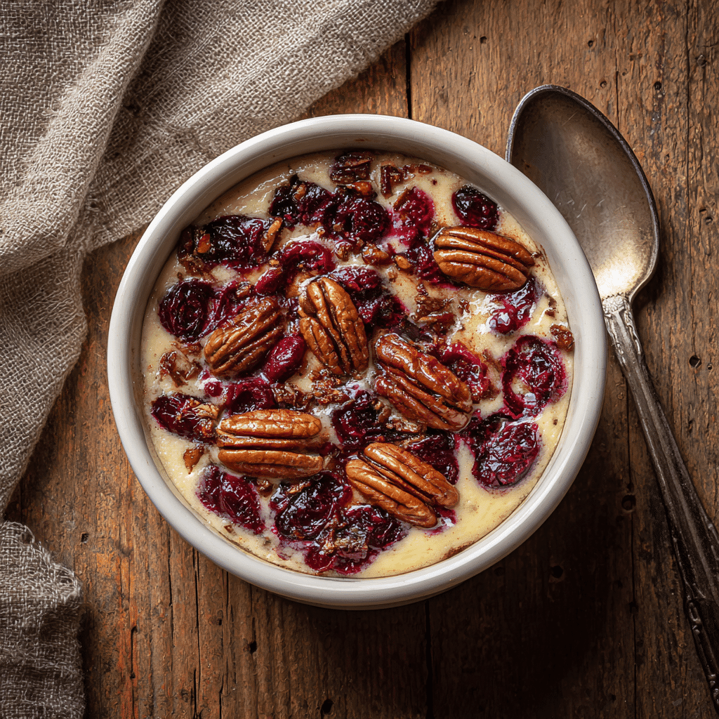 Hot Cranberry Cream Cheese Bake with Pecans in a white baking dish