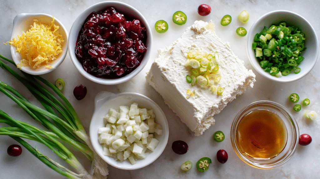 Ingredients for Sweet and Spicy Cranberry Cream Cheese Dip