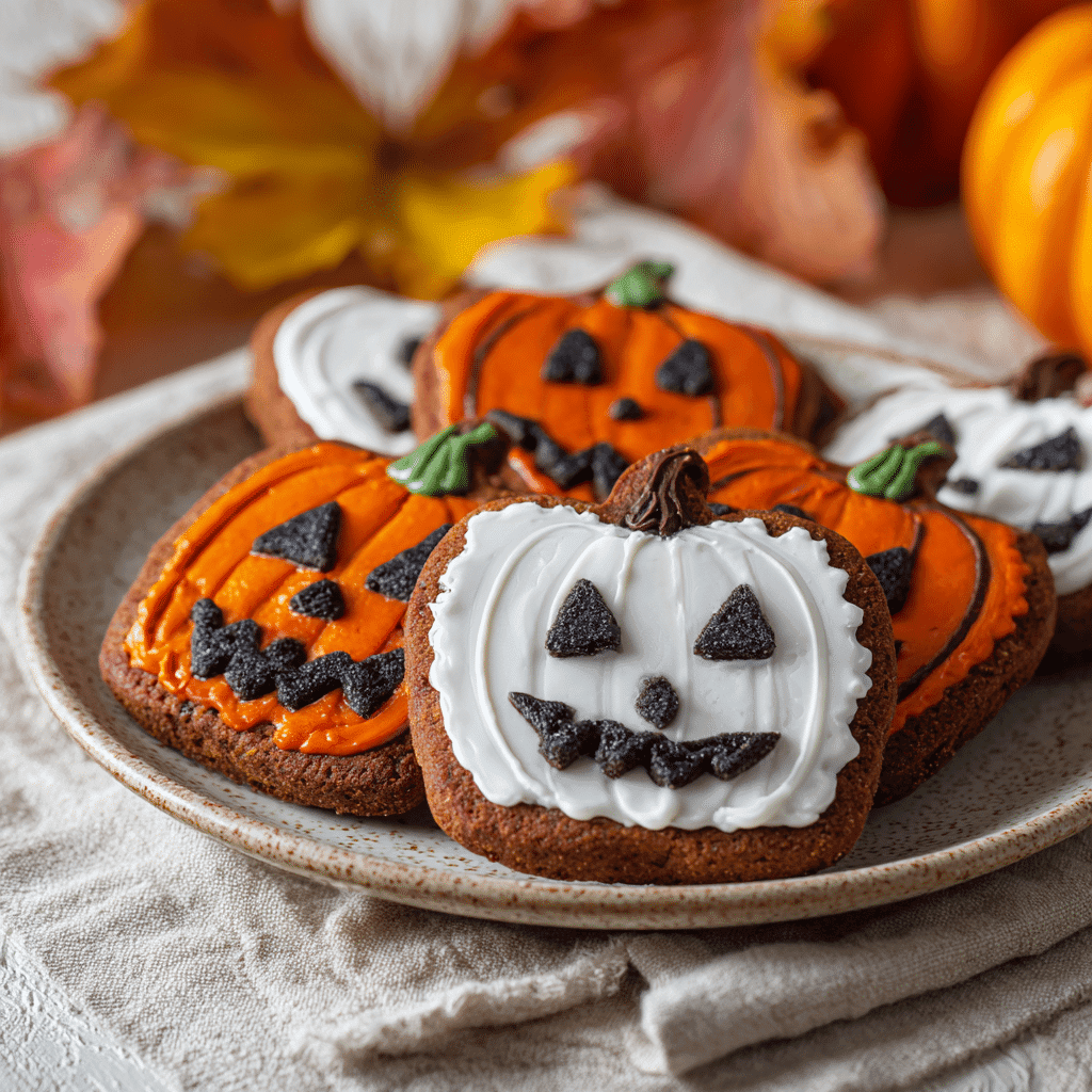 Decorated Jack-O’-Lantern Pumpkin Cookies served on a plate