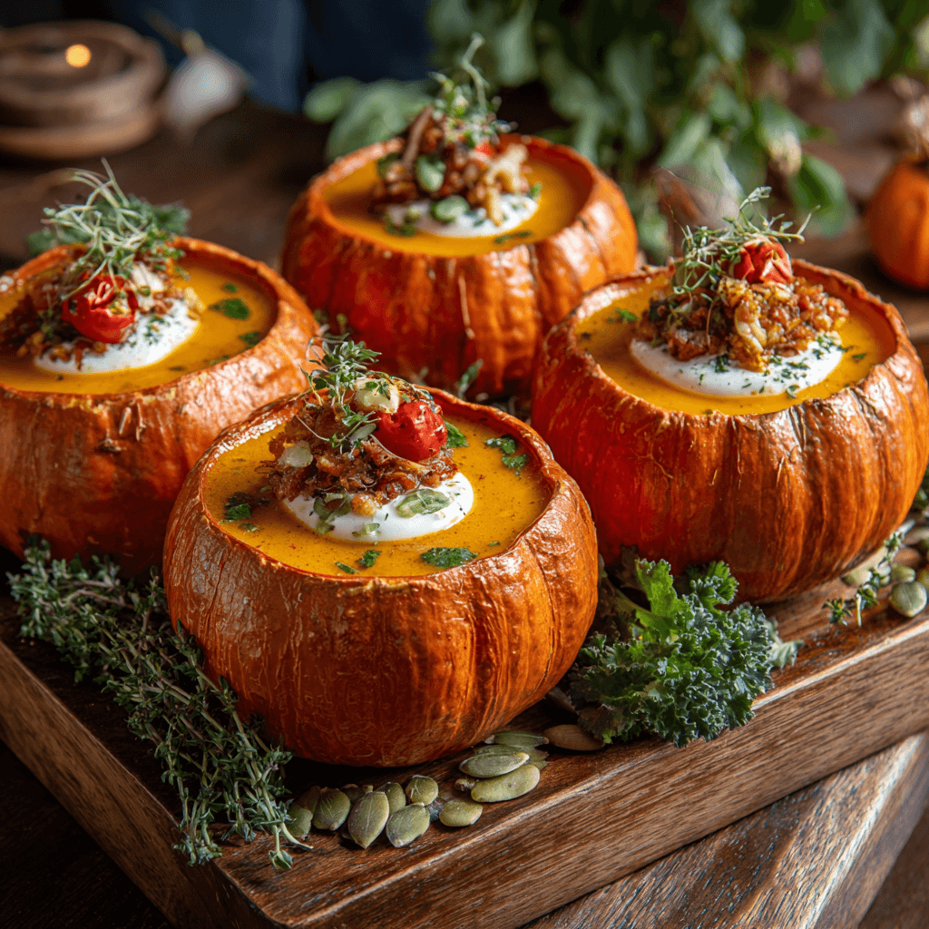 Pumpkin Soup Served in Mini Pumpkins with garnish