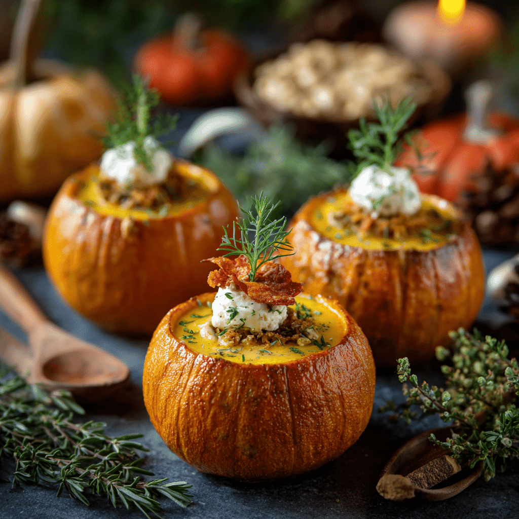 Pumpkin Soup Served in Mini Pumpkins fall table