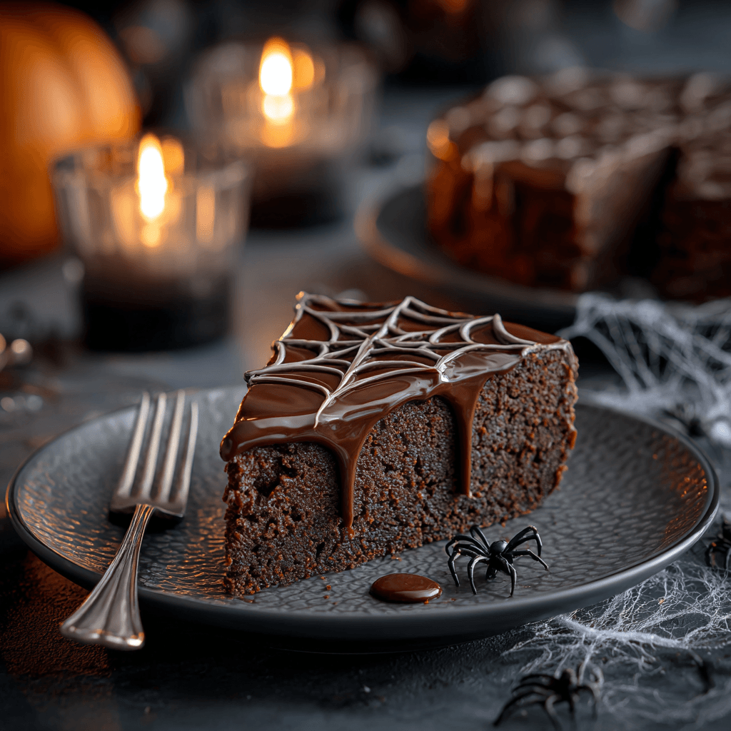 Slice of spider web ganache cake on Halloween plate