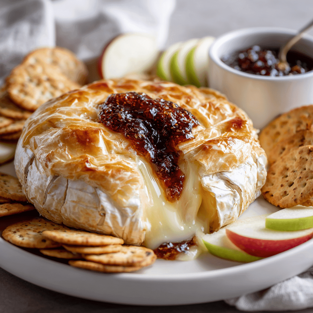 Puff Pastry Wrapped Brie with Fig Jam on white plate