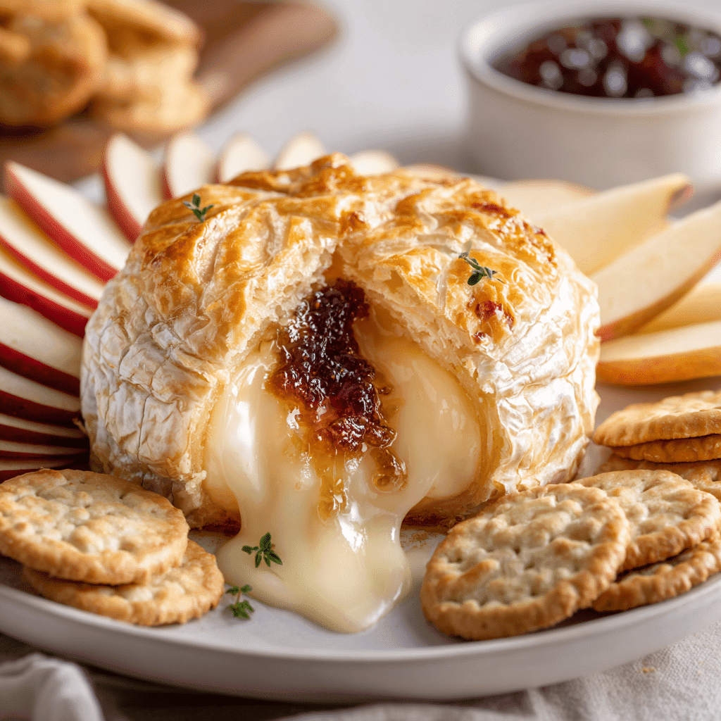 Sliced Puff Pastry Wrapped Brie with fig jam center
