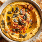 Pumpkin Hummus with Pita Chips in rustic bowl