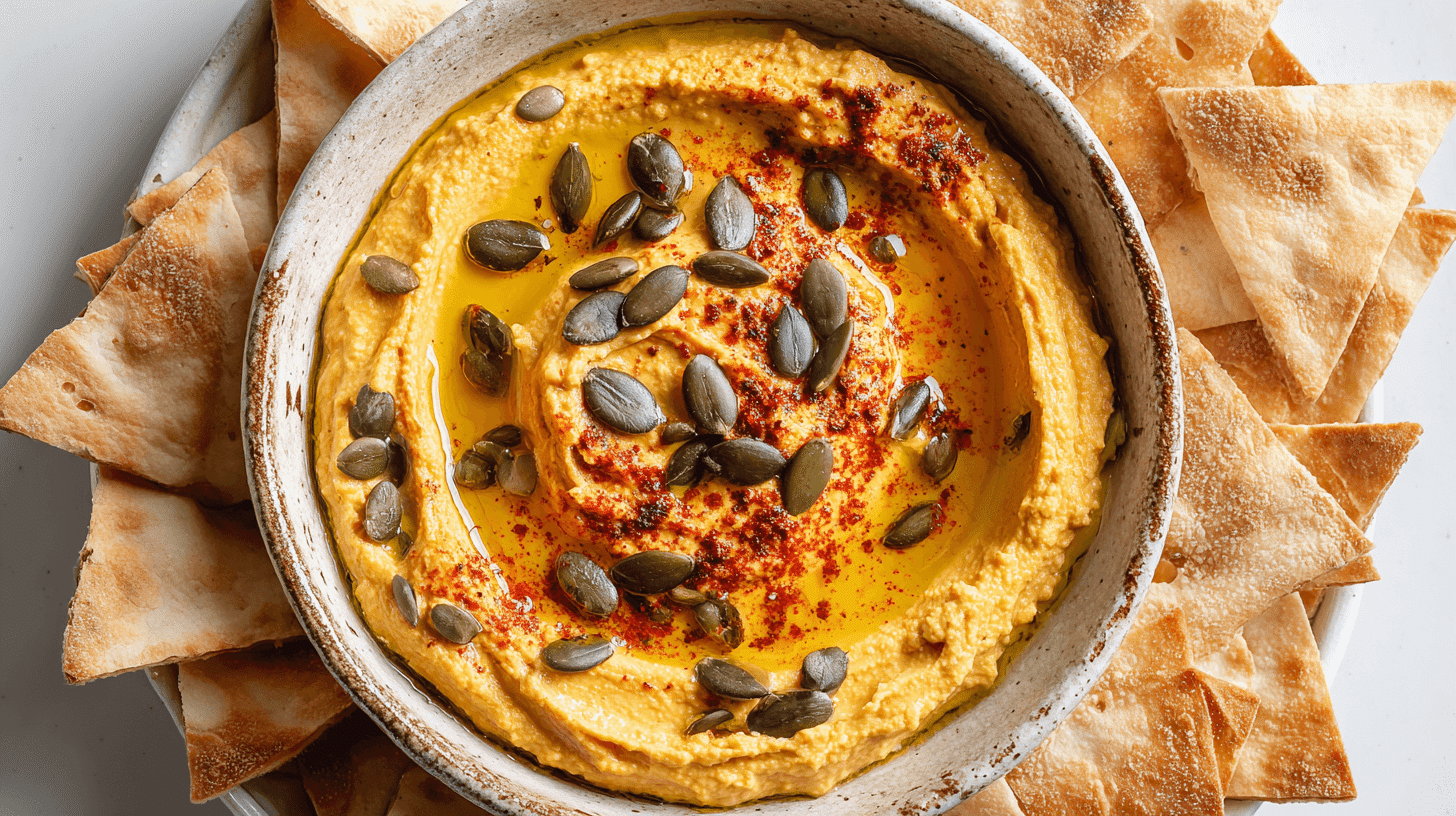 Pumpkin Hummus with Pita Chips in rustic bowl