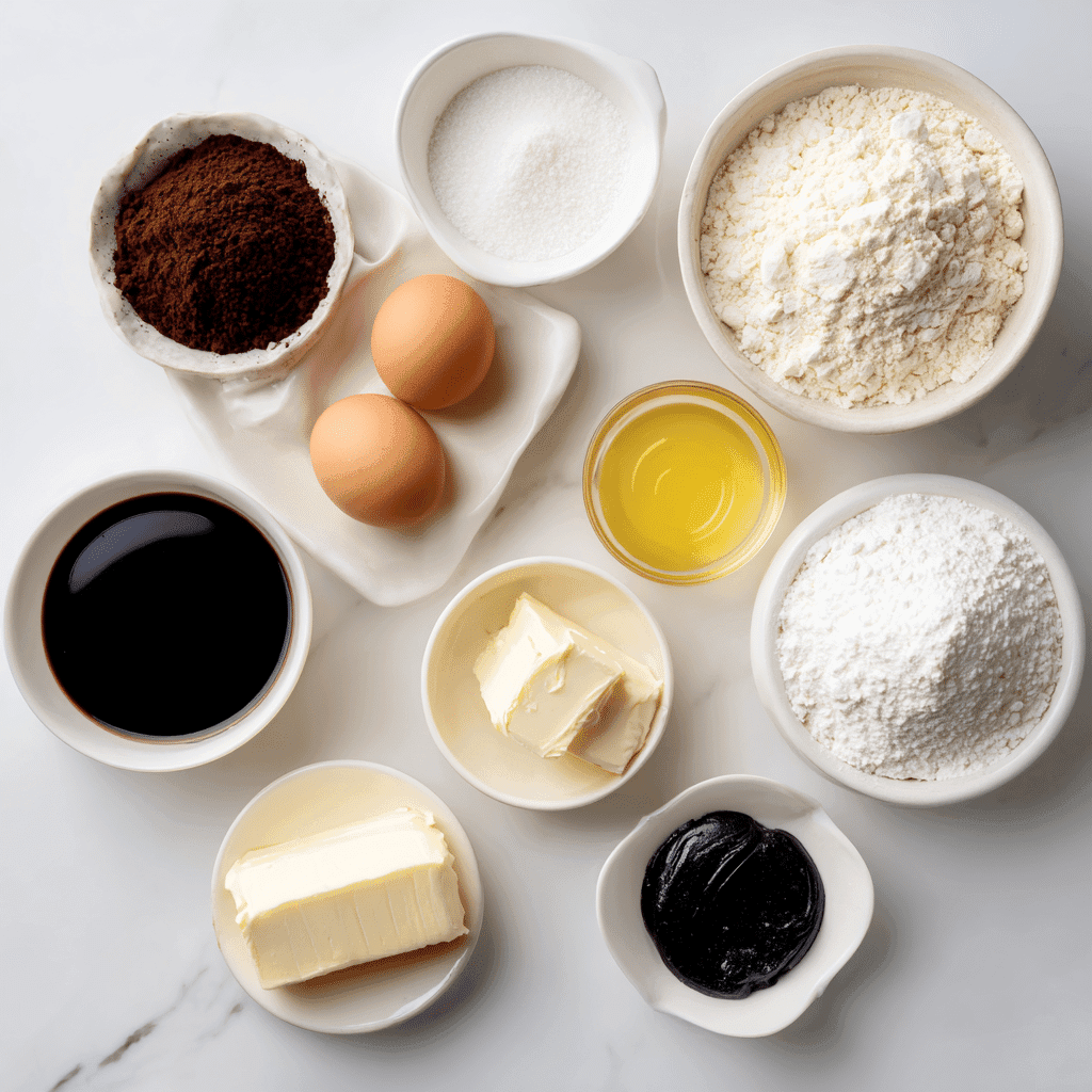 Ingredients for Jack Skellington themed cupcakes laid on white kitchen counter