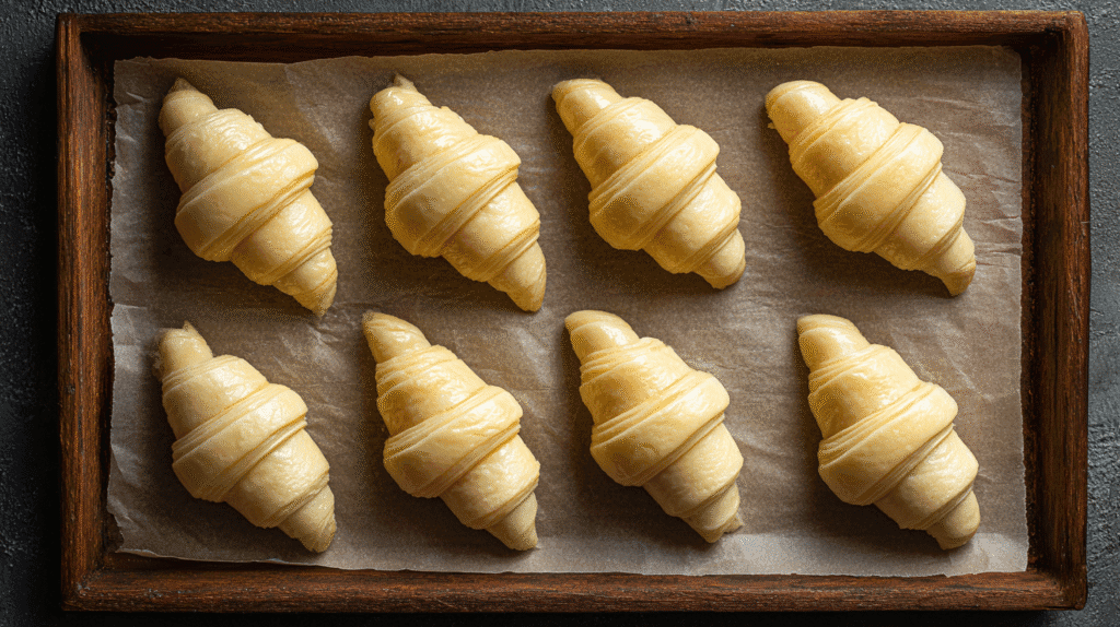 Rolled cookie croissants before baking