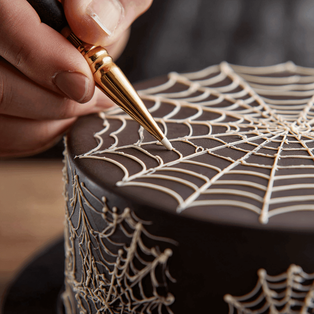 Drawing spider web pattern on ganache cake