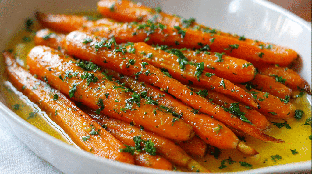 Garlic Butter and Honey Roasted Carrots on tray