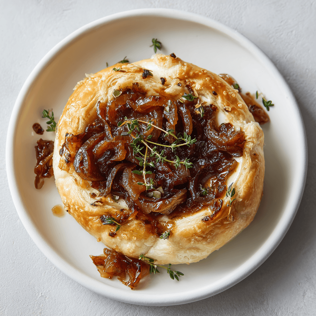 Warm Baked Brie with Caramelized Onions and Fig Spread on white plate