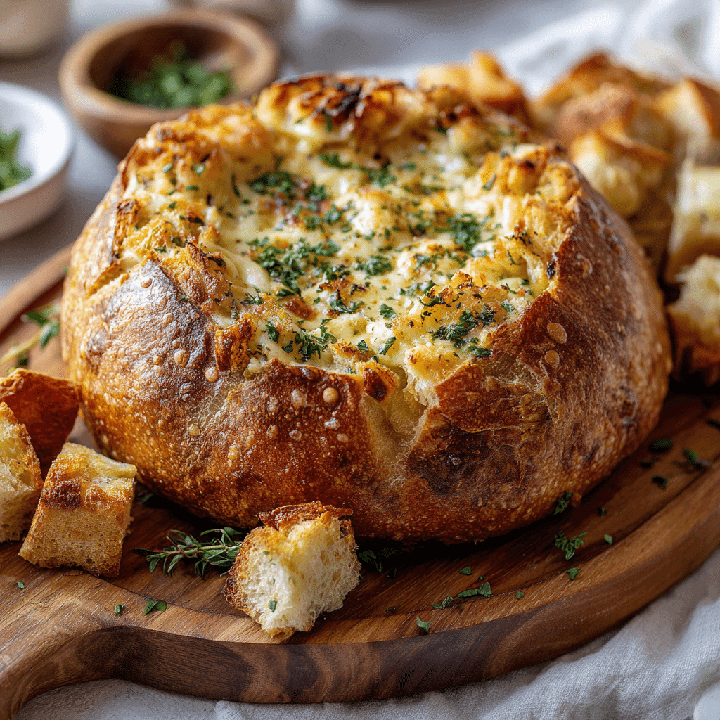 Roasted Garlic Brie Bread Bowl served on a wooden board
