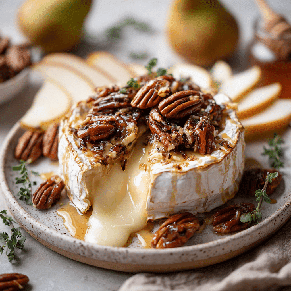 Classic Baked Brie with Fig Jam and Pecans served with pears