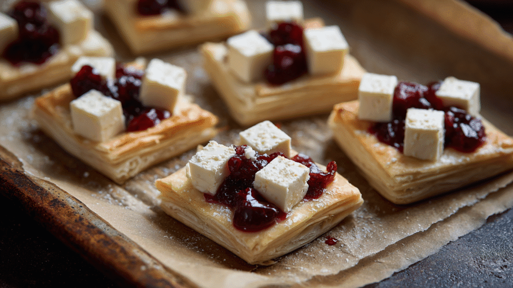 Unbaked cranberry brie puff pastry bites filled and ready to bake