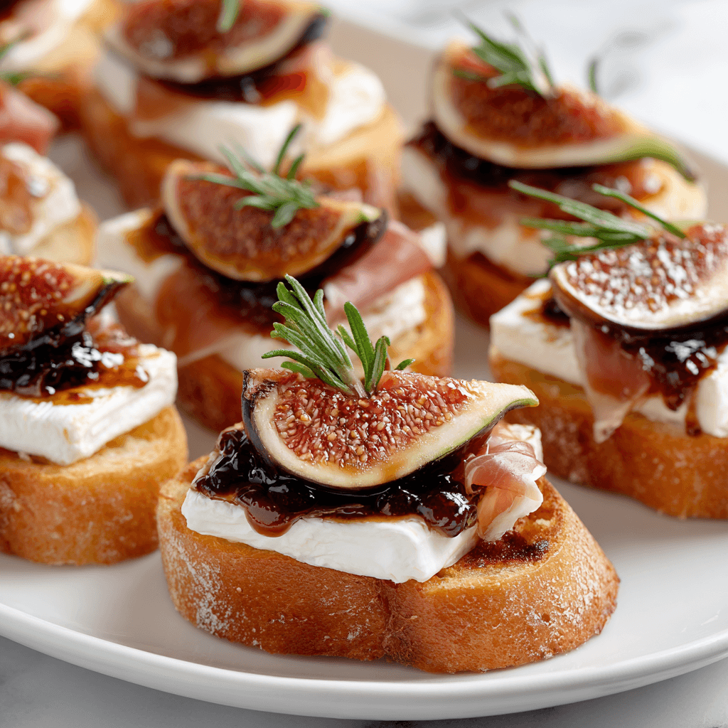 Brie Crostini with Fig and Prosciutto served on platter