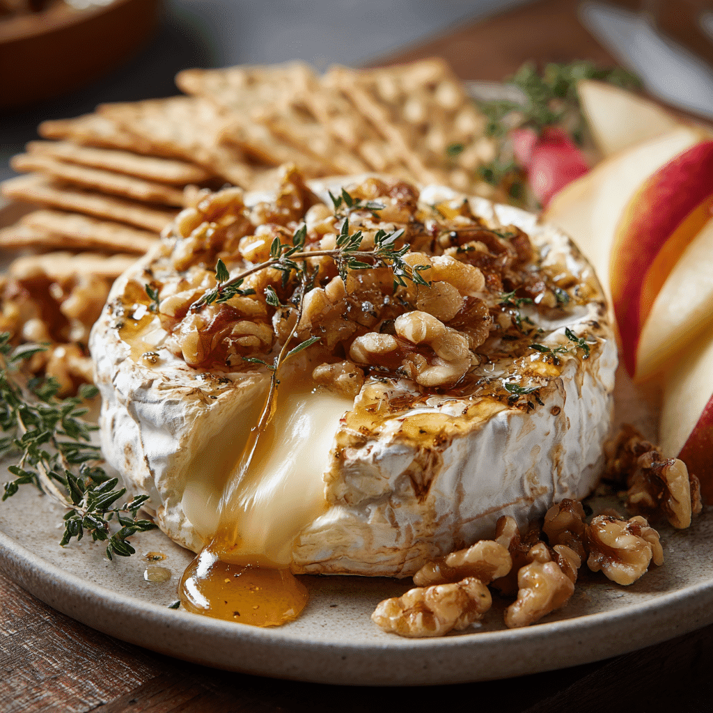 Baked Brie with honey and walnuts served with crackers and apples