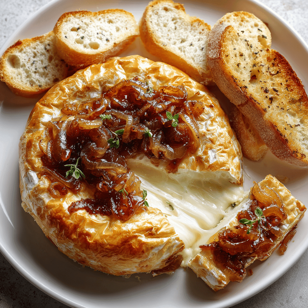 Serving of warm baked brie with fig spread and onions
