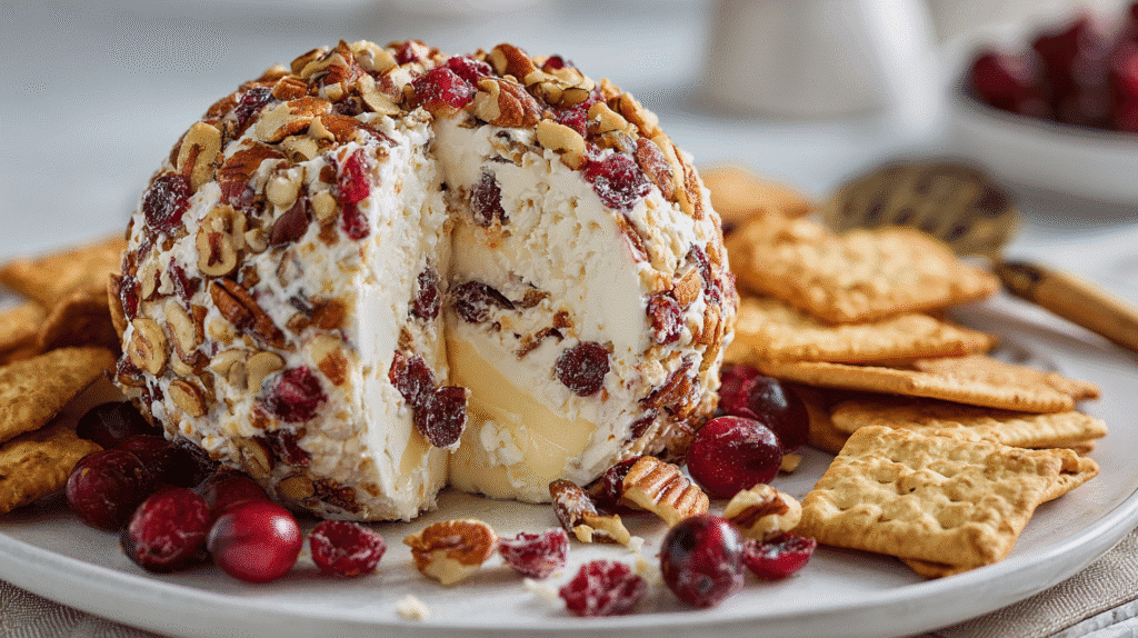 Cranberry pecan cheese ball sliced and served with crackers
