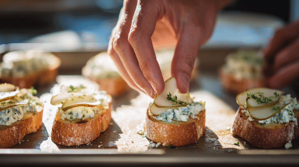 Assembling Blue Cheese and Pear Crostini