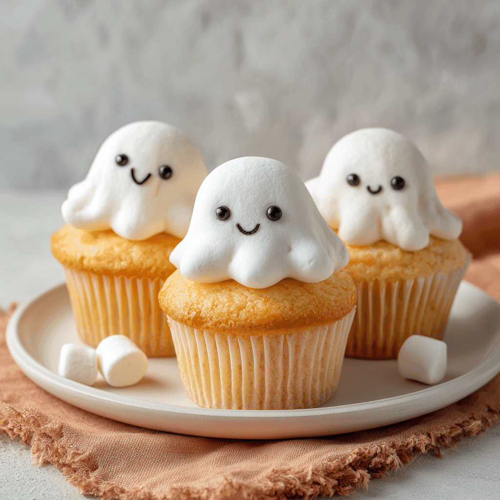 Spooky Ghost Cupcakes Served with Marshmallow Faces