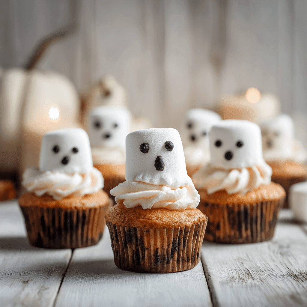 Spooky Ghost Cupcakes with Marshmallow Toppers on Wooden Table