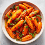 Sweet and Spicy Honey-Glazed Carrots with Cayenne in white bowl