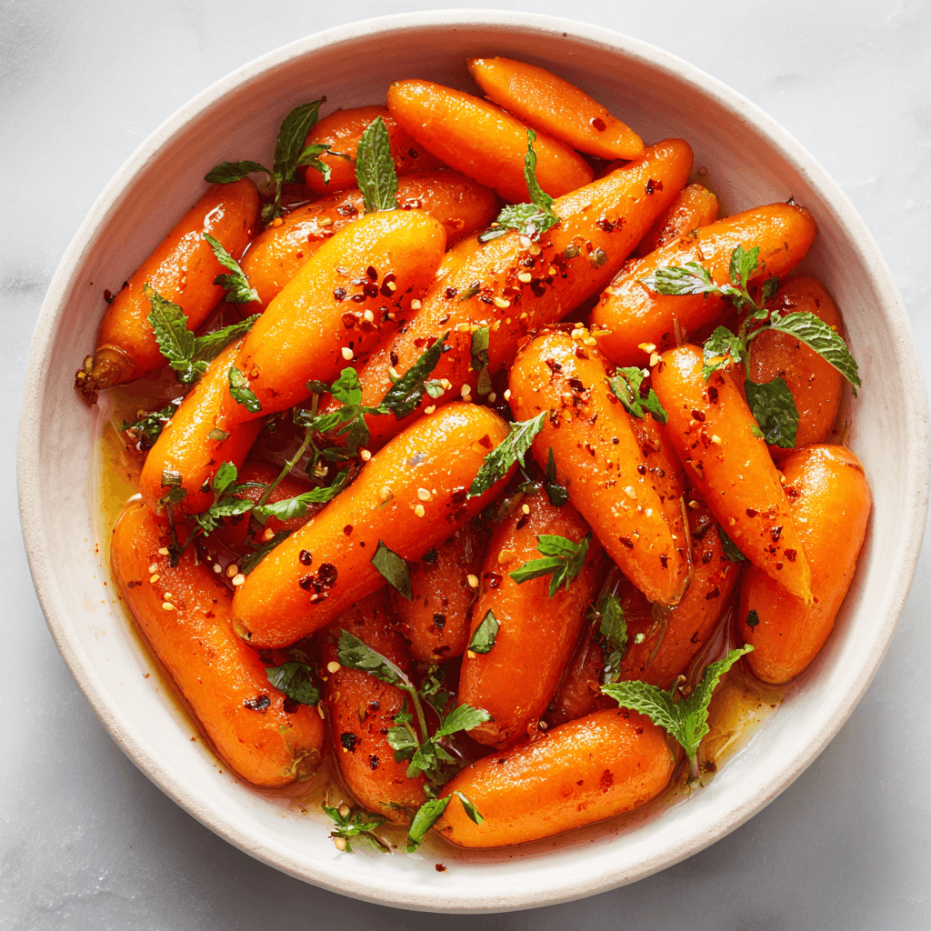 Sweet and Spicy Honey-Glazed Carrots with Cayenne in white bowl