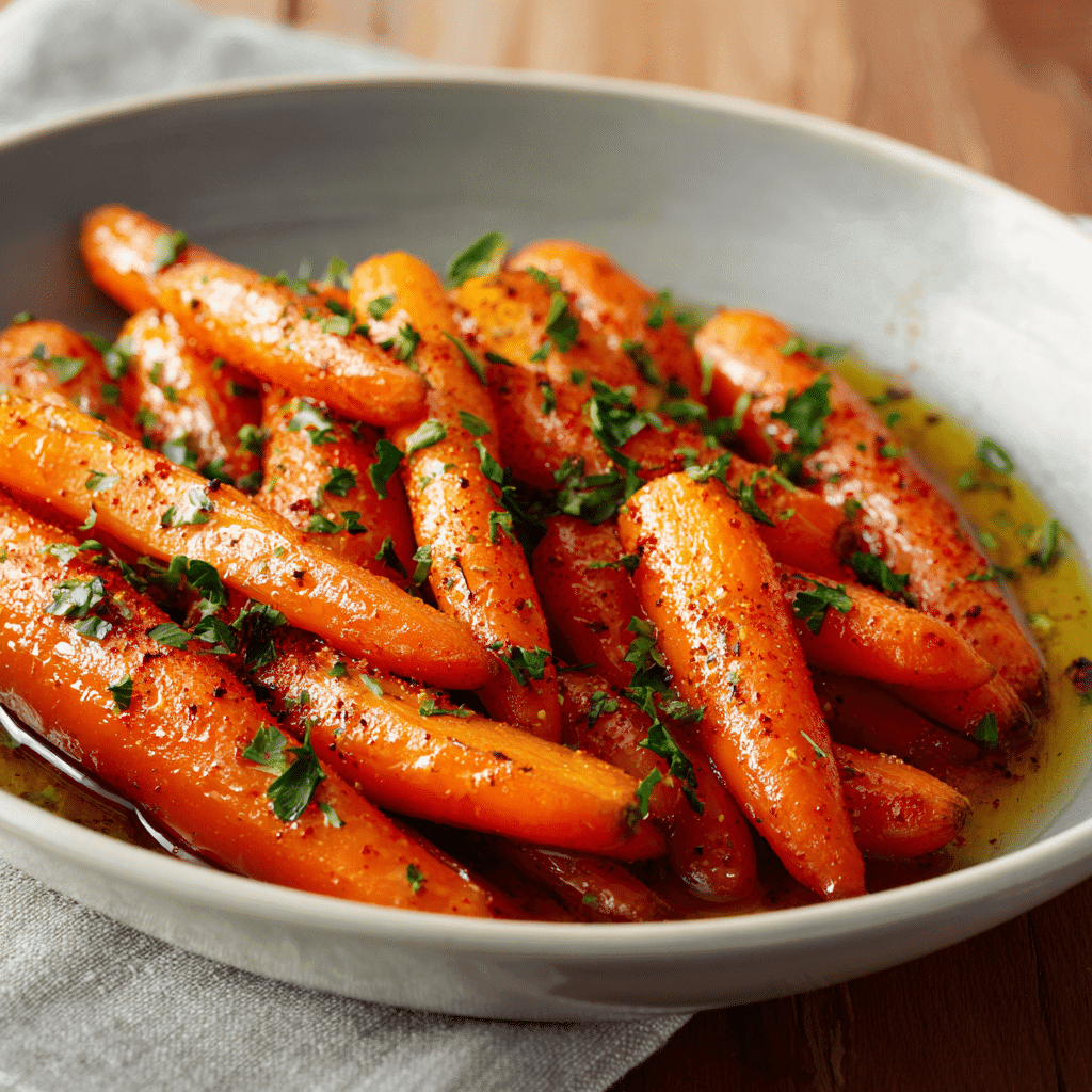 Serving bowl of Sweet and Spicy Honey-Glazed Carrots with Cayenne