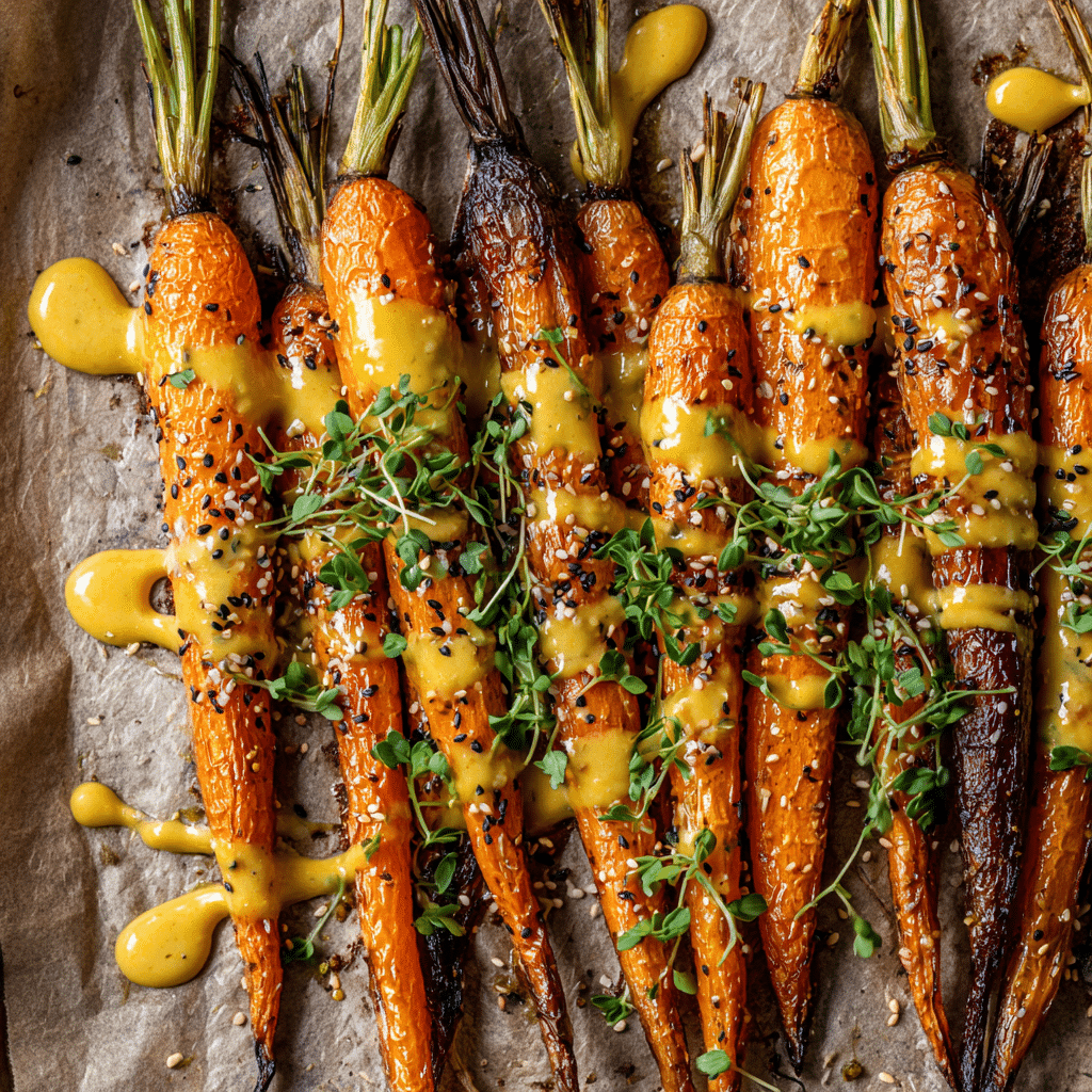 Roasted Carrots with Honey Mustard Drizzle on rustic tray