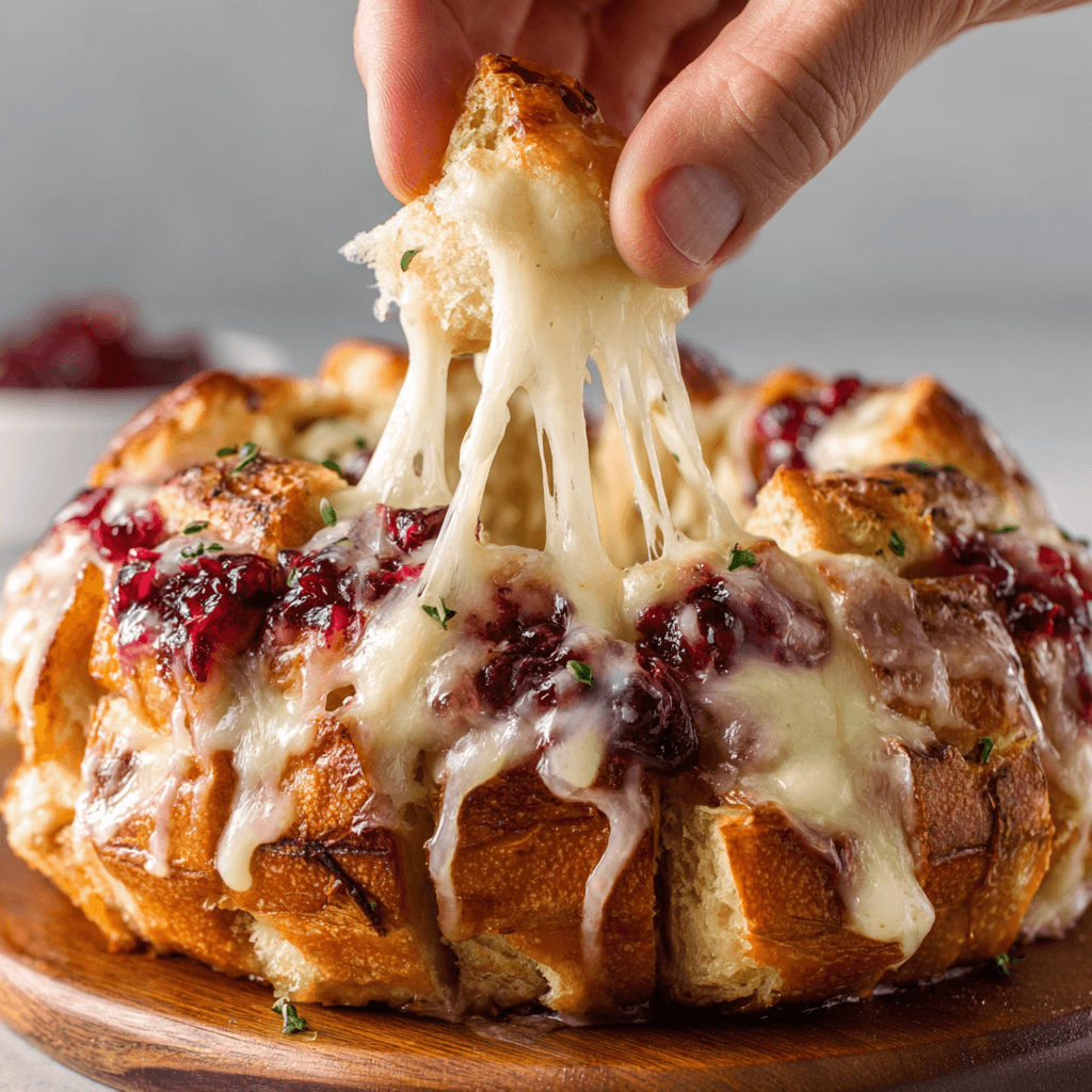 Pulling apart Cranberry Brie Bread with melted cheese