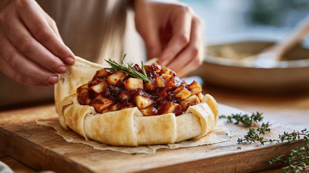 Wrapping brie with apple chutney in puff pastry
